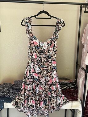 Floral Ruffle Strap Sundress in Black and Pink